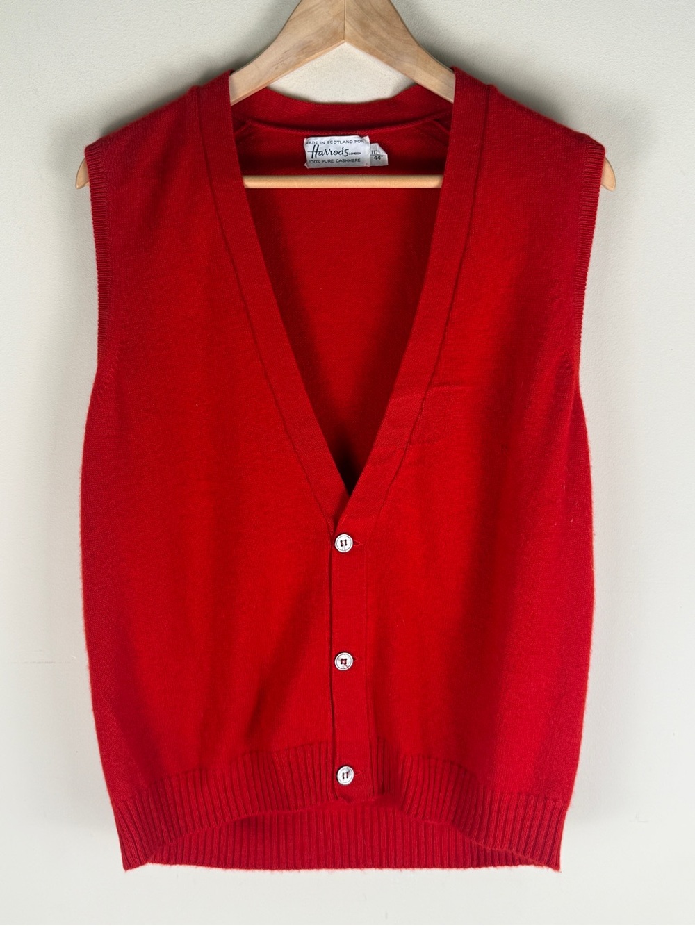 VTG Harrod's Men's Red Cashmere Button Up Sleeveless Vest Size 44 (XL) Repaired